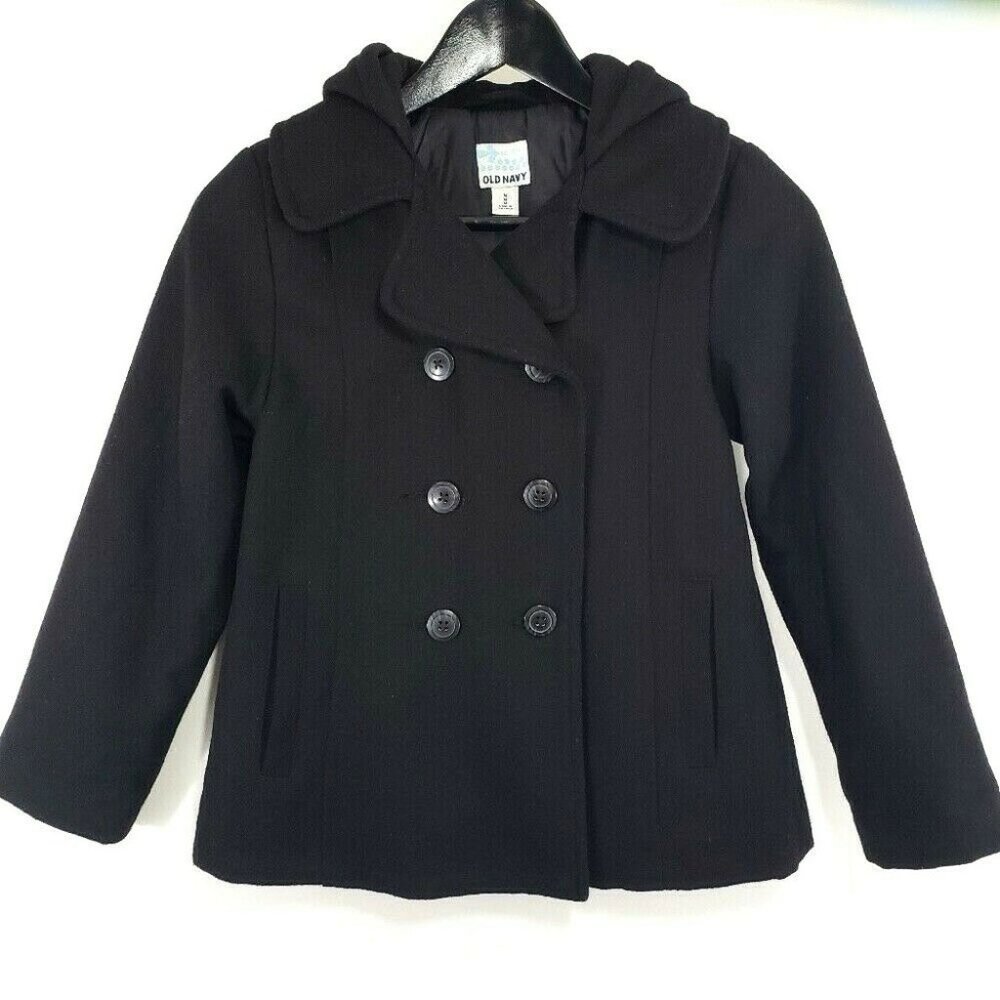 Old Navy Black Pea Coat Girls M Wool Blend Hooded Warm Classic Old Money